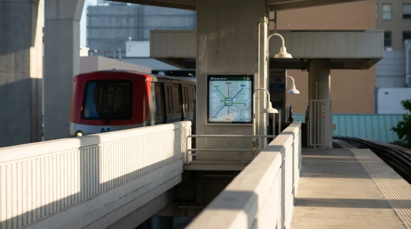 Metromover elevated platform in downtown Miami with train approaching in afternoon light