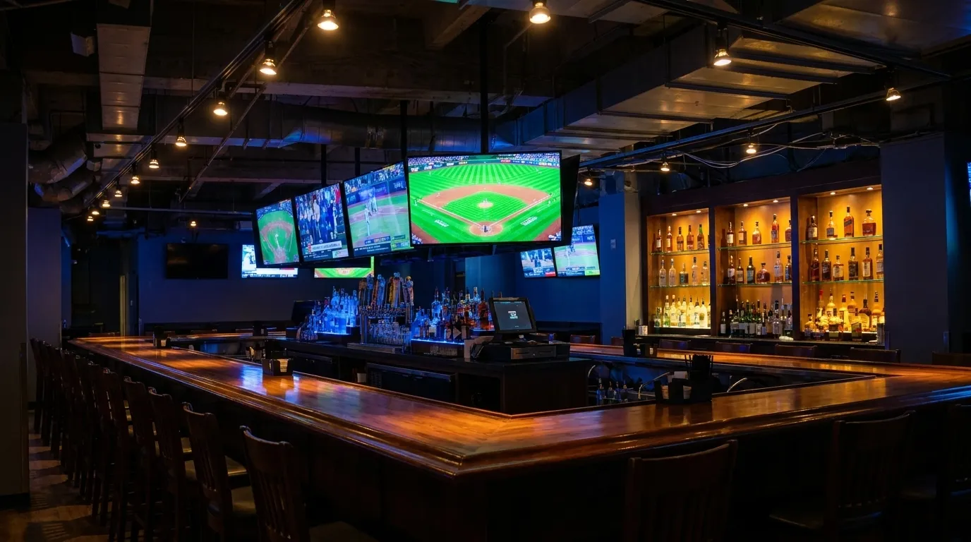 Interior of a Miami sports bar with baseball game on television screens above the bar