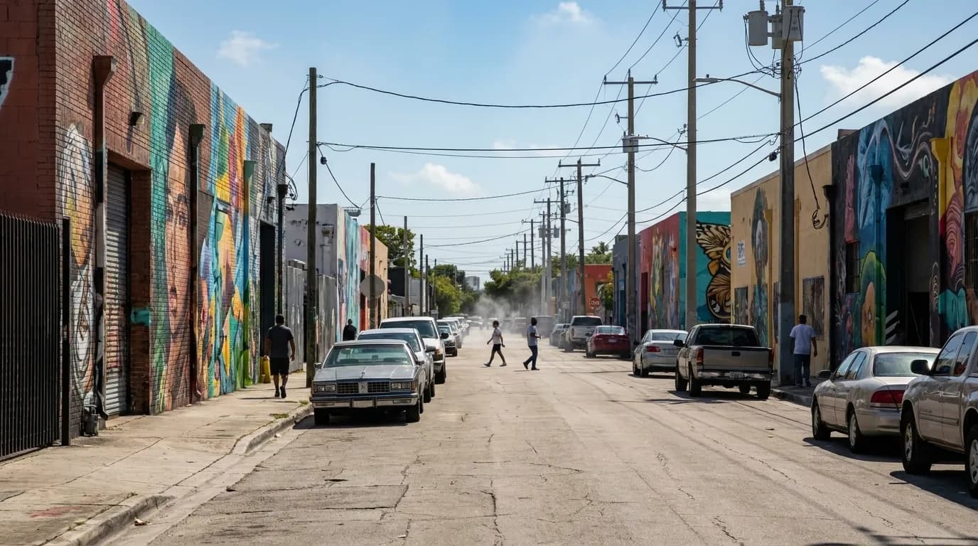 Second Avenue in Wynwood with murals and parked cars under afternoon sun