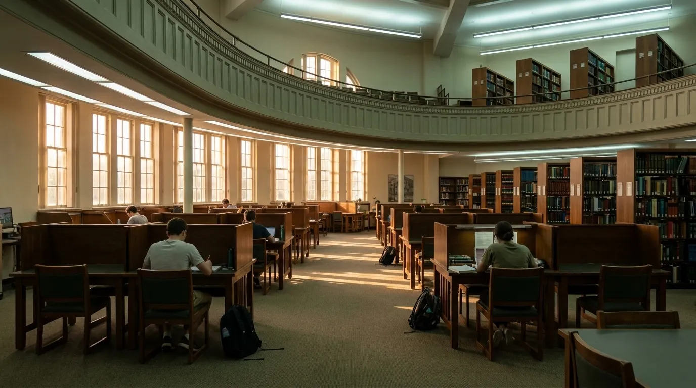 Study carrels and windows inside Miami-Dade Main Library reading floor