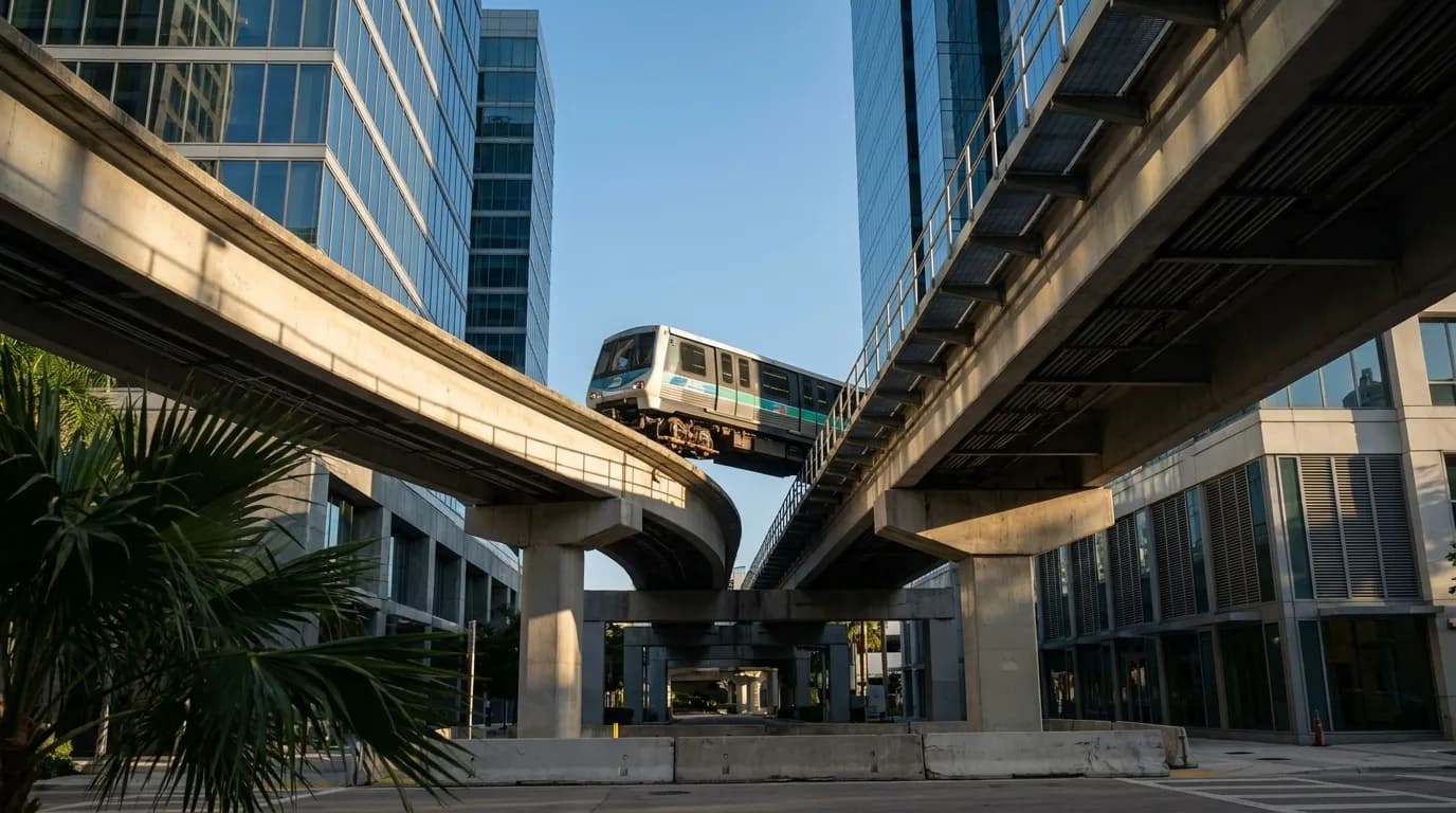 Elevated Metromover train curving through Downtown Miami office towers in late afternoon light