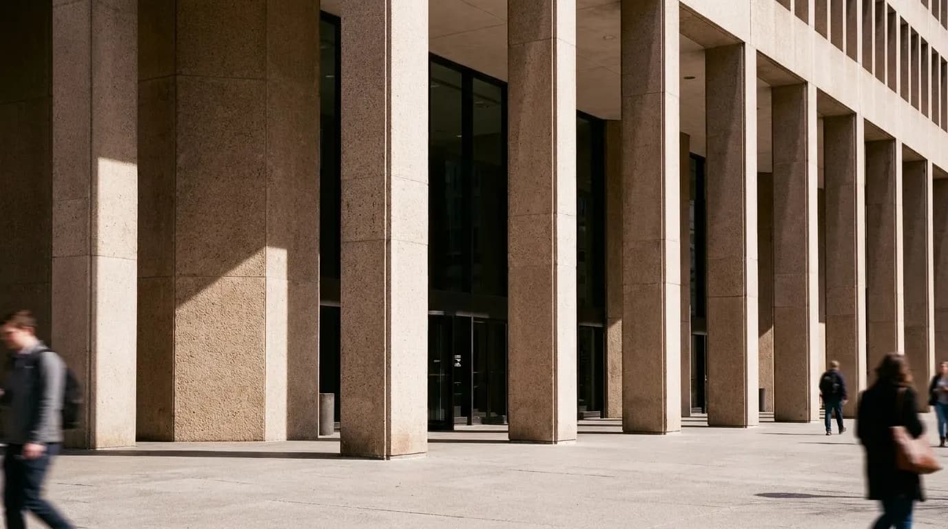 Entrance colonnade of the Stephen P. Clark Center in Downtown Miami with morning shadows