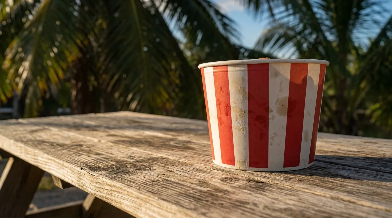 Fried chicken bucket on an outdoor table in Miami during late afternoon