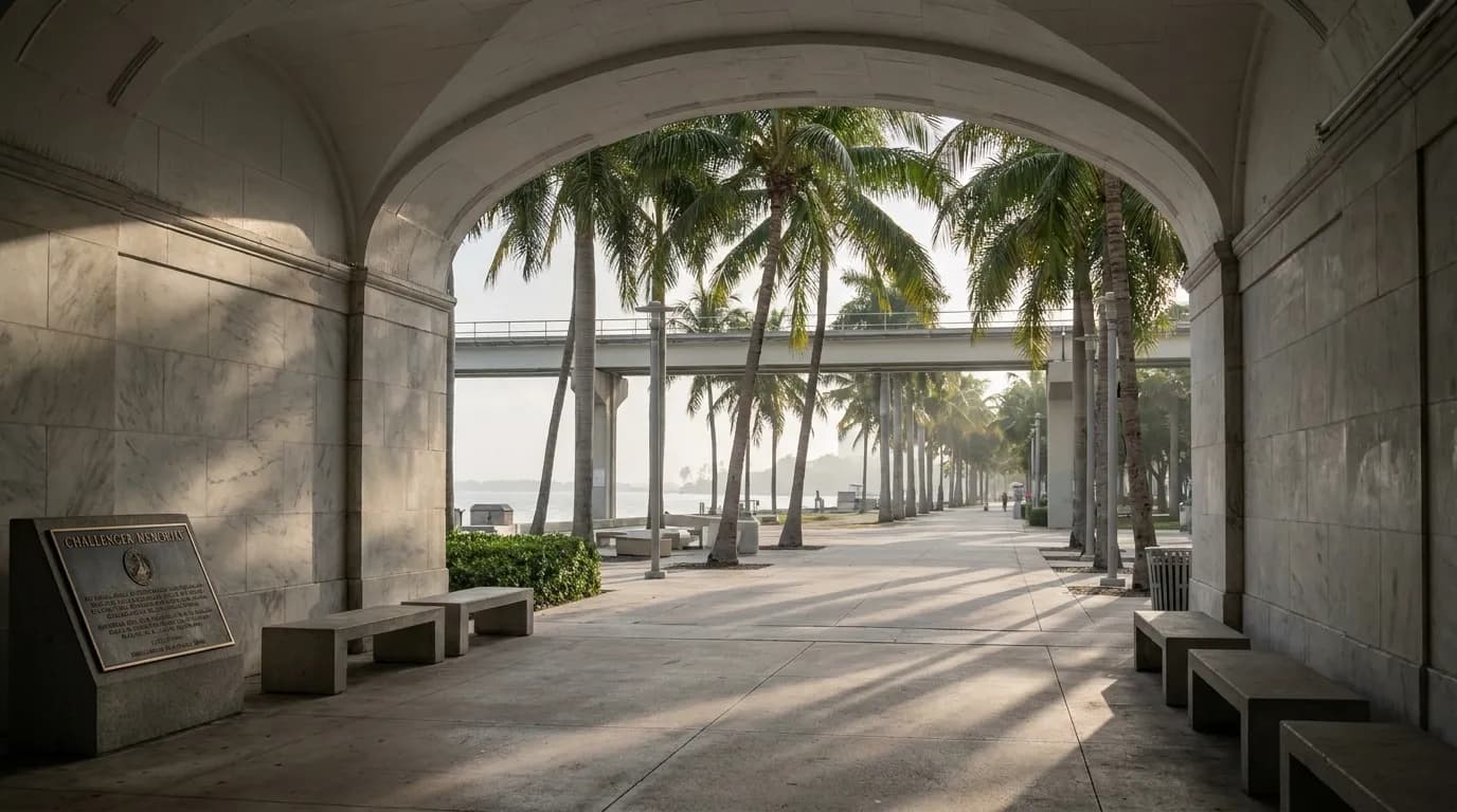 Stone promenade and covered seating along Bayfront Park in Downtown Miami with Metromover tracks visible in the background