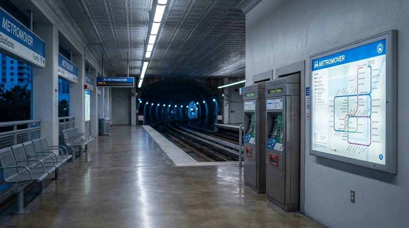 Interior of a Metromover station in Downtown Miami showing platform, signage, and tracks at dusk