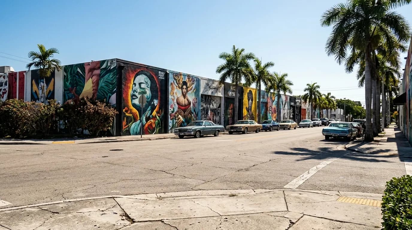 Midday view of a Wynwood street with murals and parked cars under bright sun