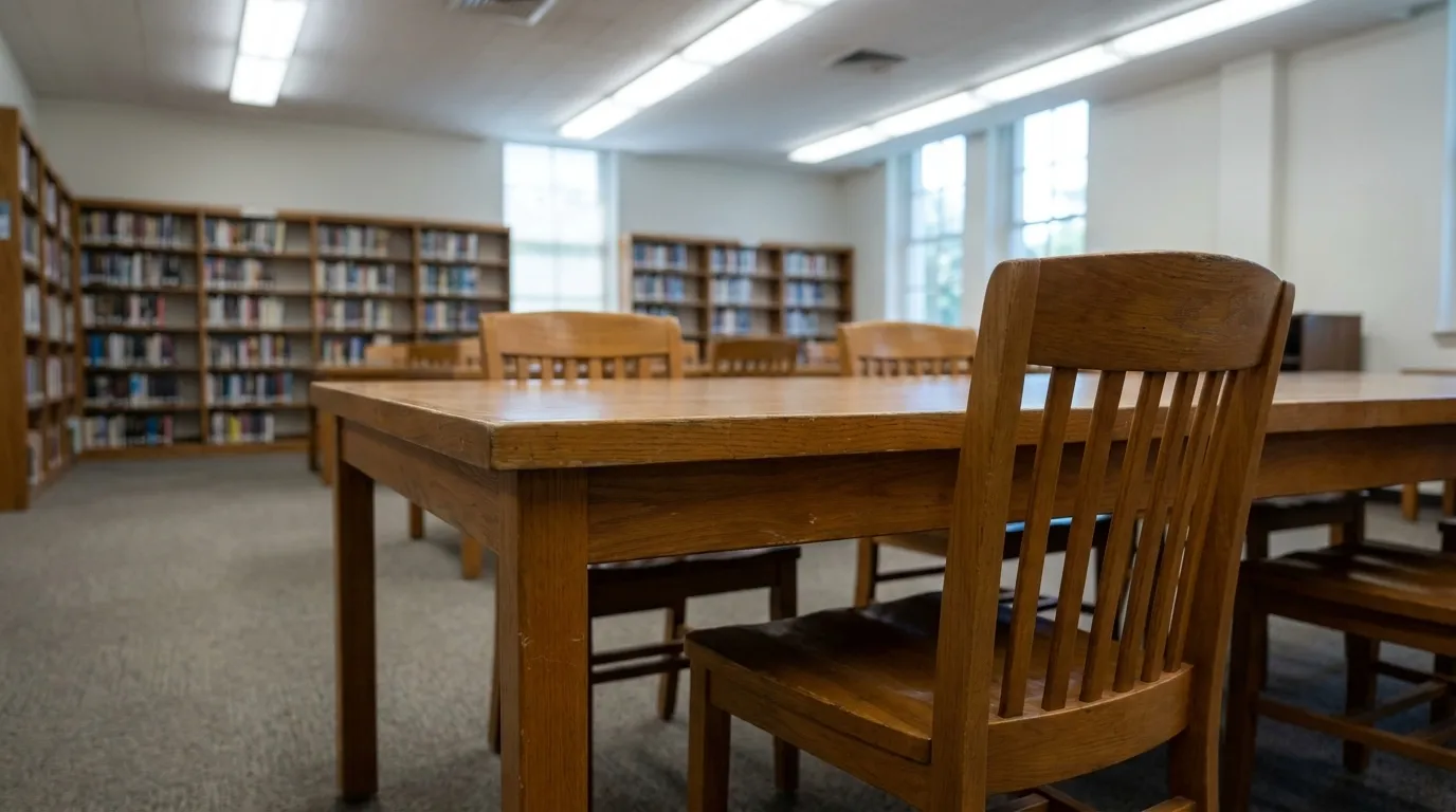 Study table and chair inside a Miami public library with bookshelves in the background