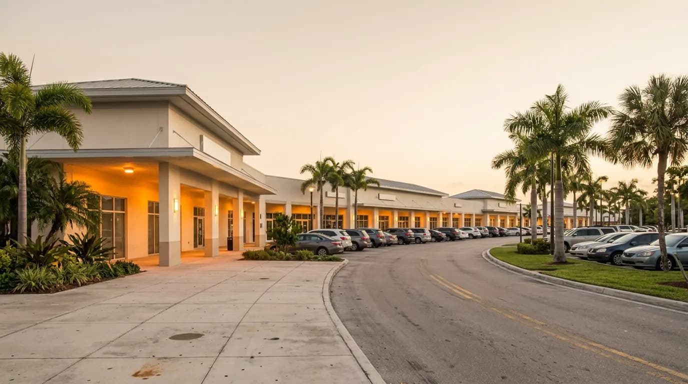 Low-rise strip mall plaza exterior in western Miami-Dade at dusk