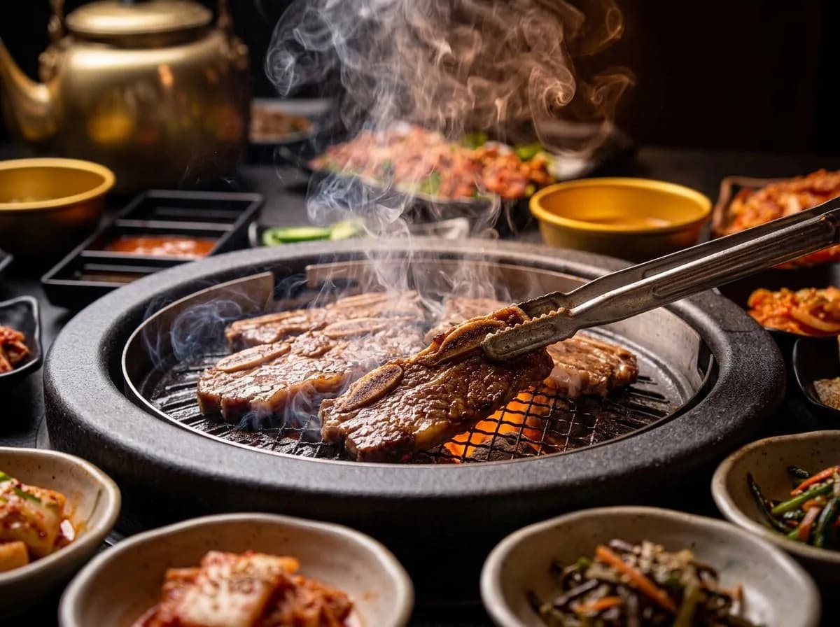 Marinated short ribs cooking on a tabletop grill with banchan nearby