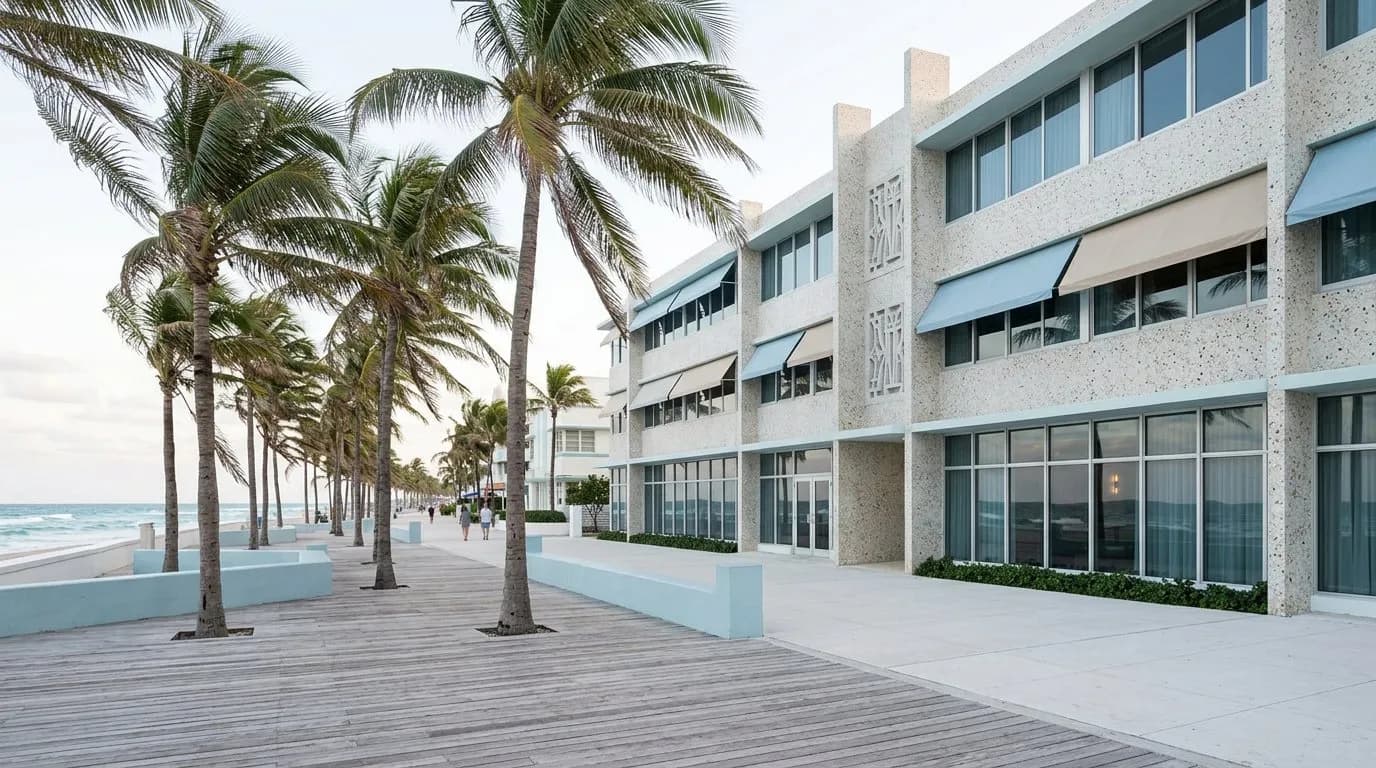 Wide view of a mid-century Miami Beach hotel facade near the oceanfront boardwalk