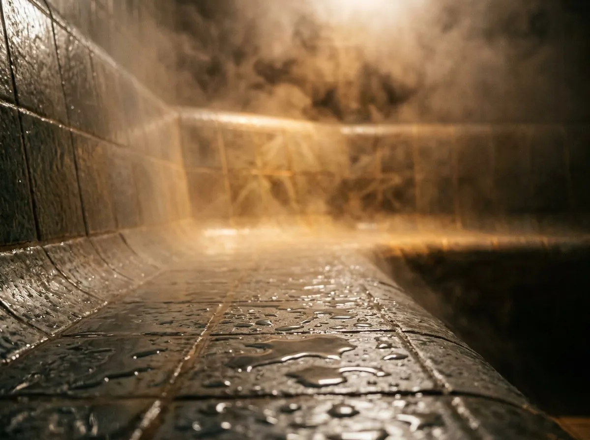 Close view of a steam room interior with colored light and tiled walls