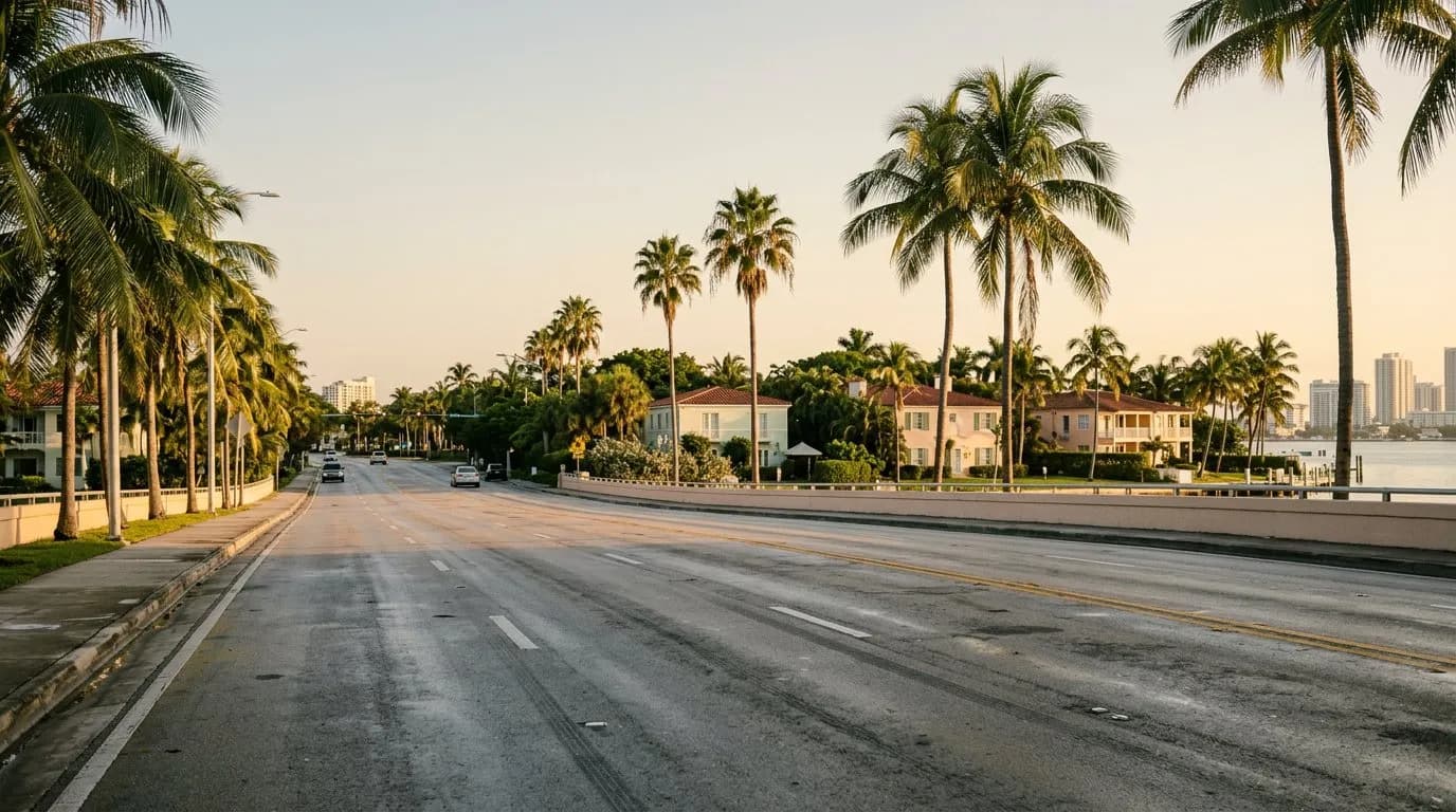 Empty causeway road lined with palms leading toward a Miami Beach island hotel at dawn