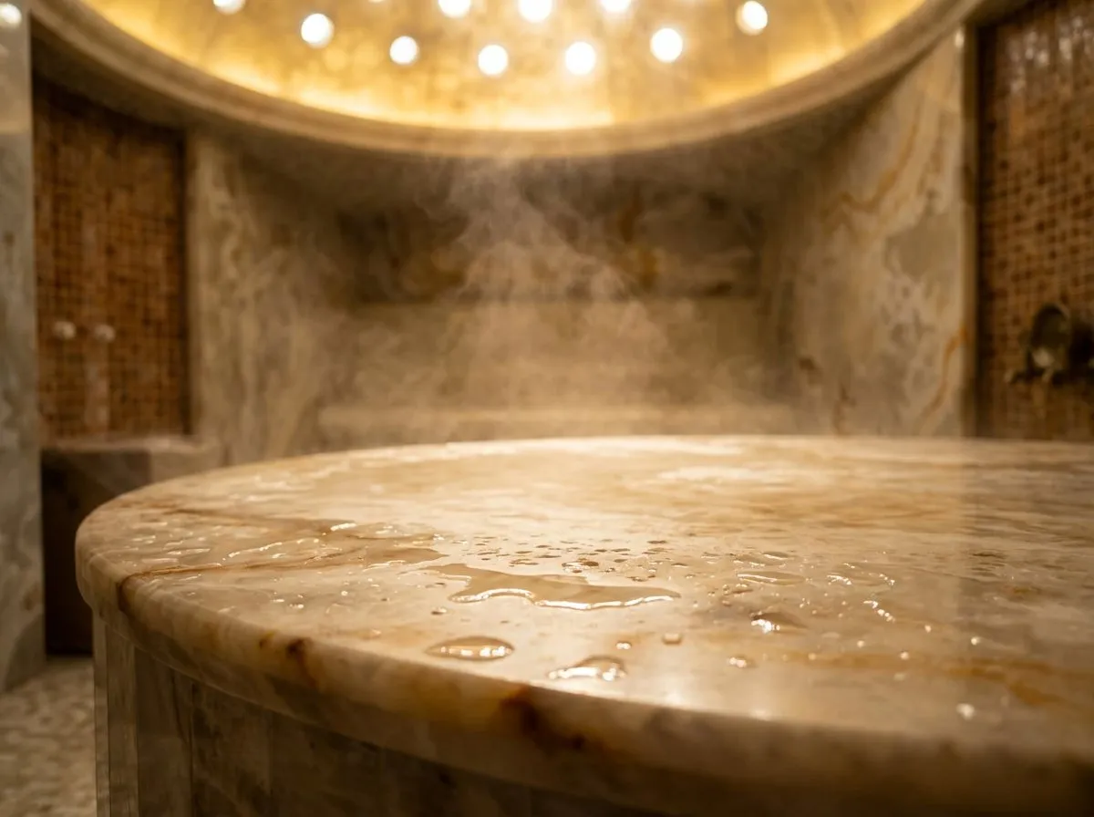 Close-up of a heated marble bellystone slab inside a steamy Turkish hammam