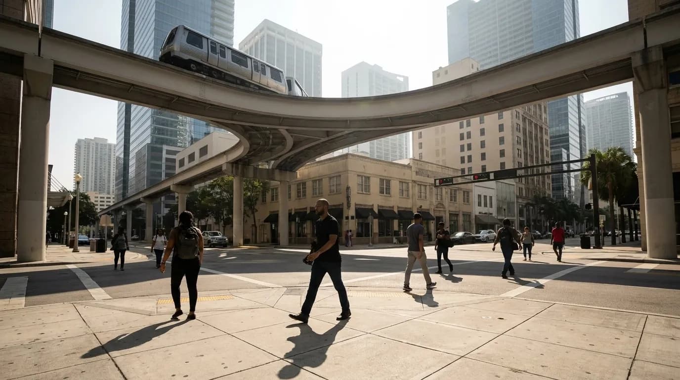 Metromover train on elevated track above Flagler Street in Downtown Miami with pedestrians and buildings below