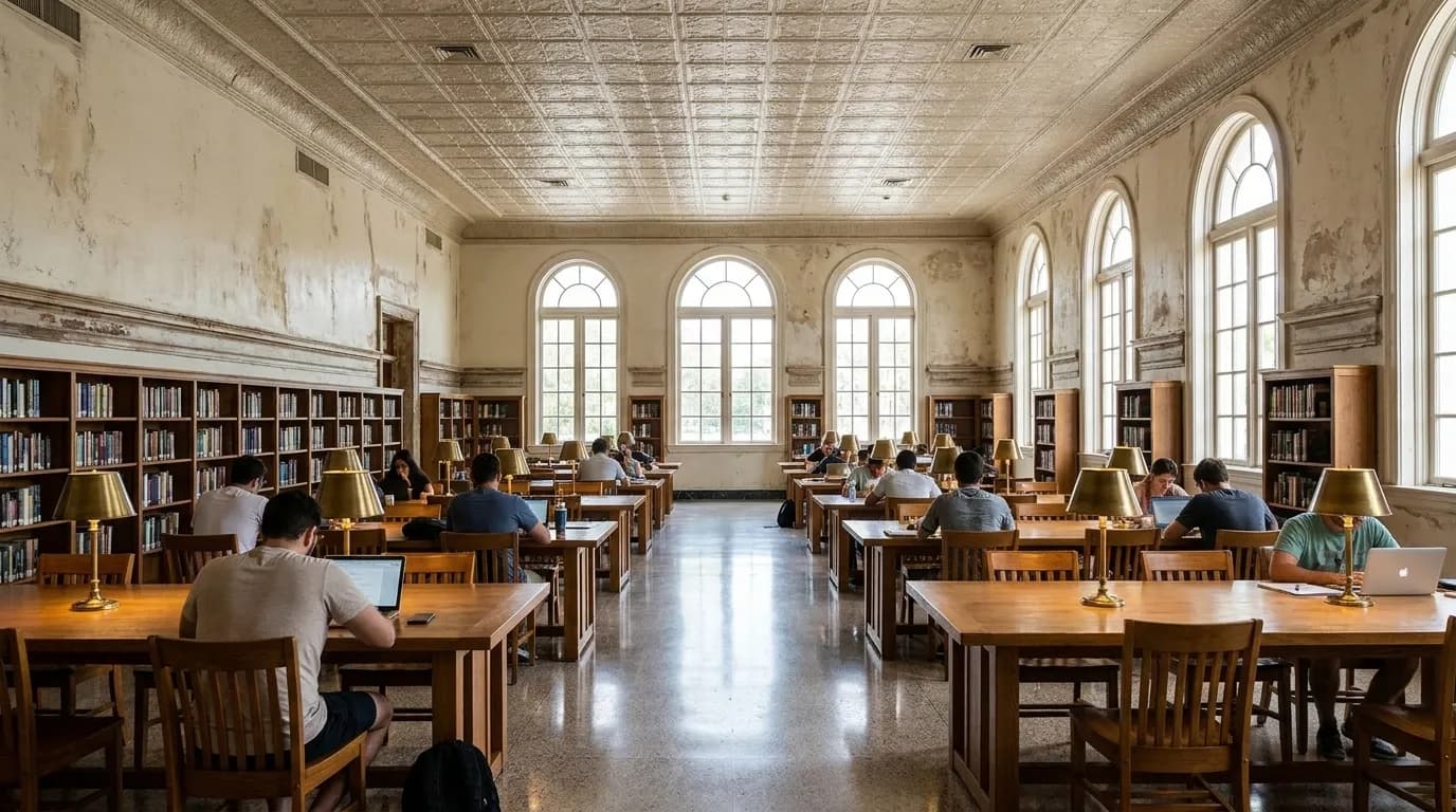 Public library reading room in Miami with wooden tables, task lamps, and natural light from tall windows