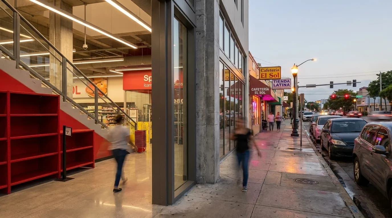 Calle Ocho in Little Havana at dusk with lit storefronts and pedestrians along the sidewalk