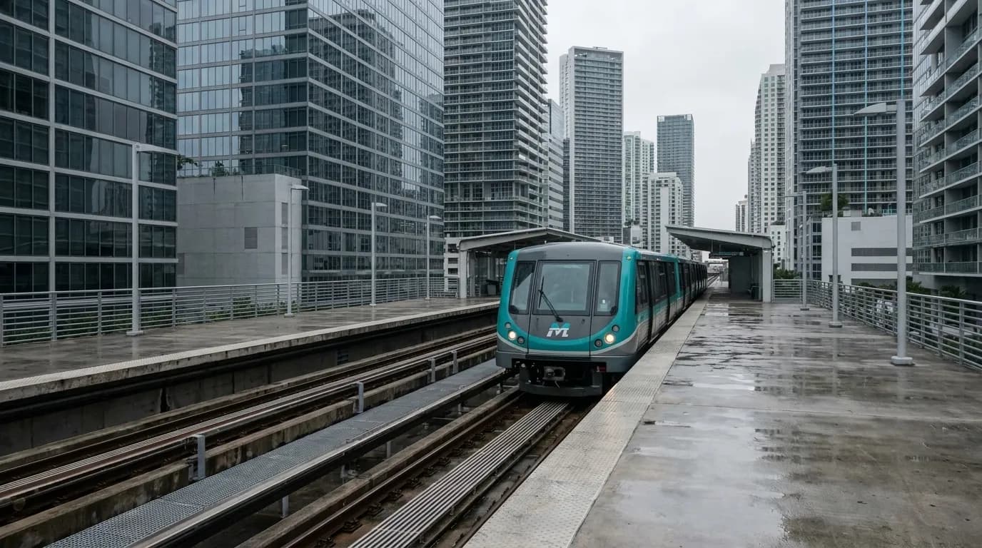 Metromover train approaching an elevated station in Downtown Miami with office towers in the background