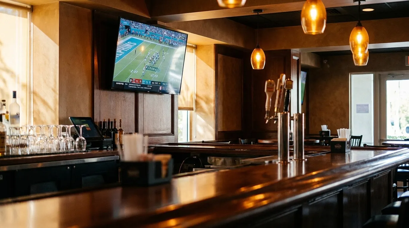Television screen showing a football match inside a dimly lit Miami sports bar with wooden bar counter in foreground