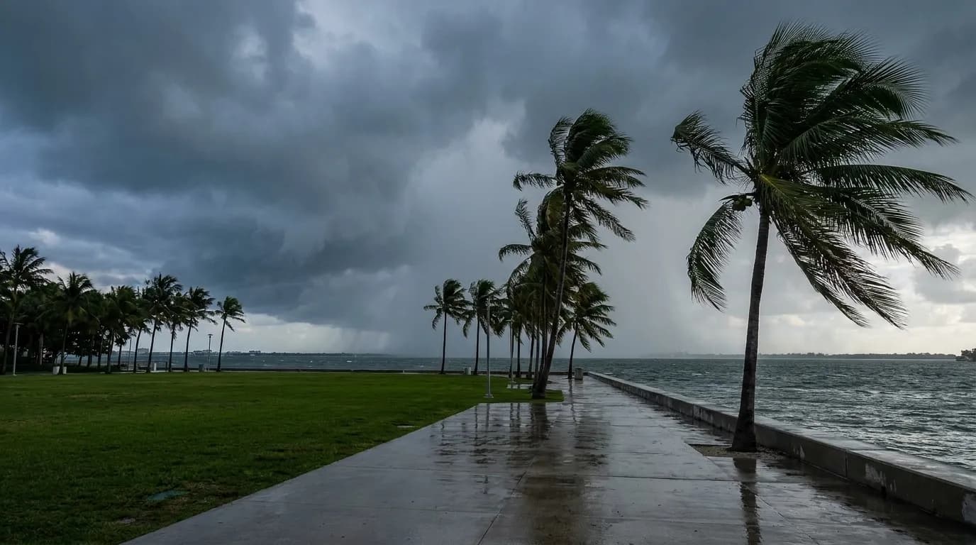 Storm clouds gathering over Bayfront Park and Biscayne Bay in Miami on a late afternoon with empty promenade