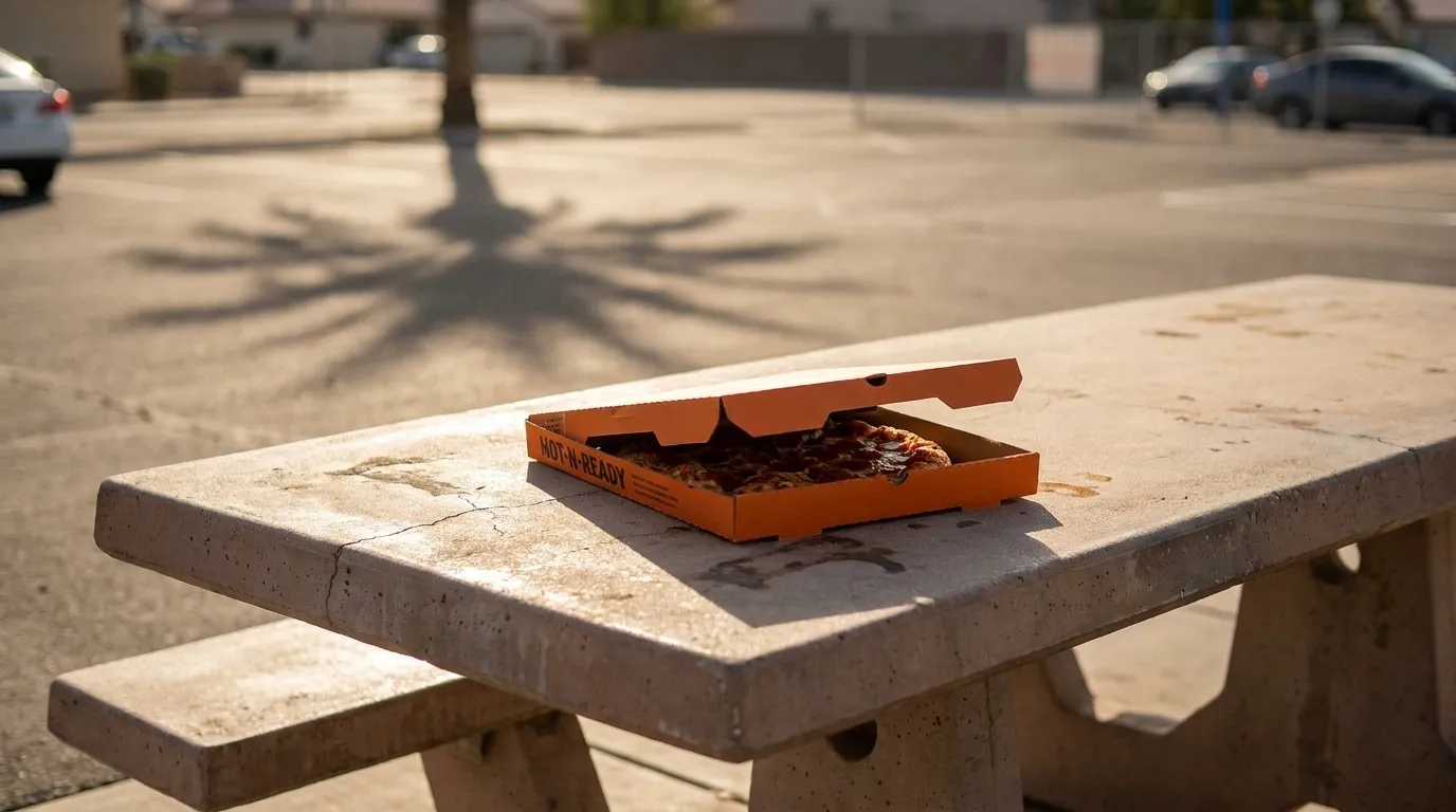 Little Caesars pizza box on an outdoor table in Miami with palm tree shadow
