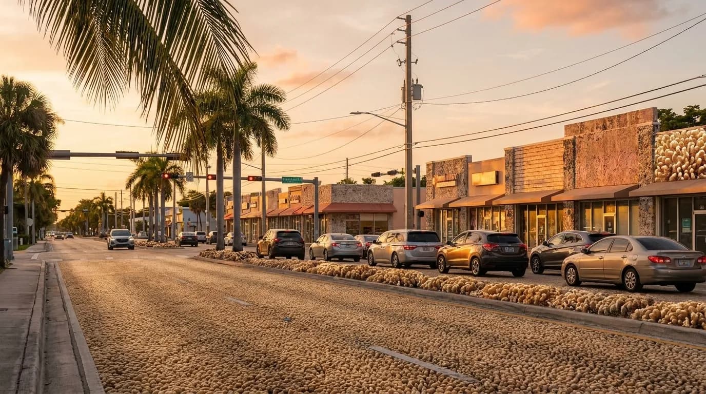 Coral Way in Miami during afternoon traffic with strip malls and palm trees