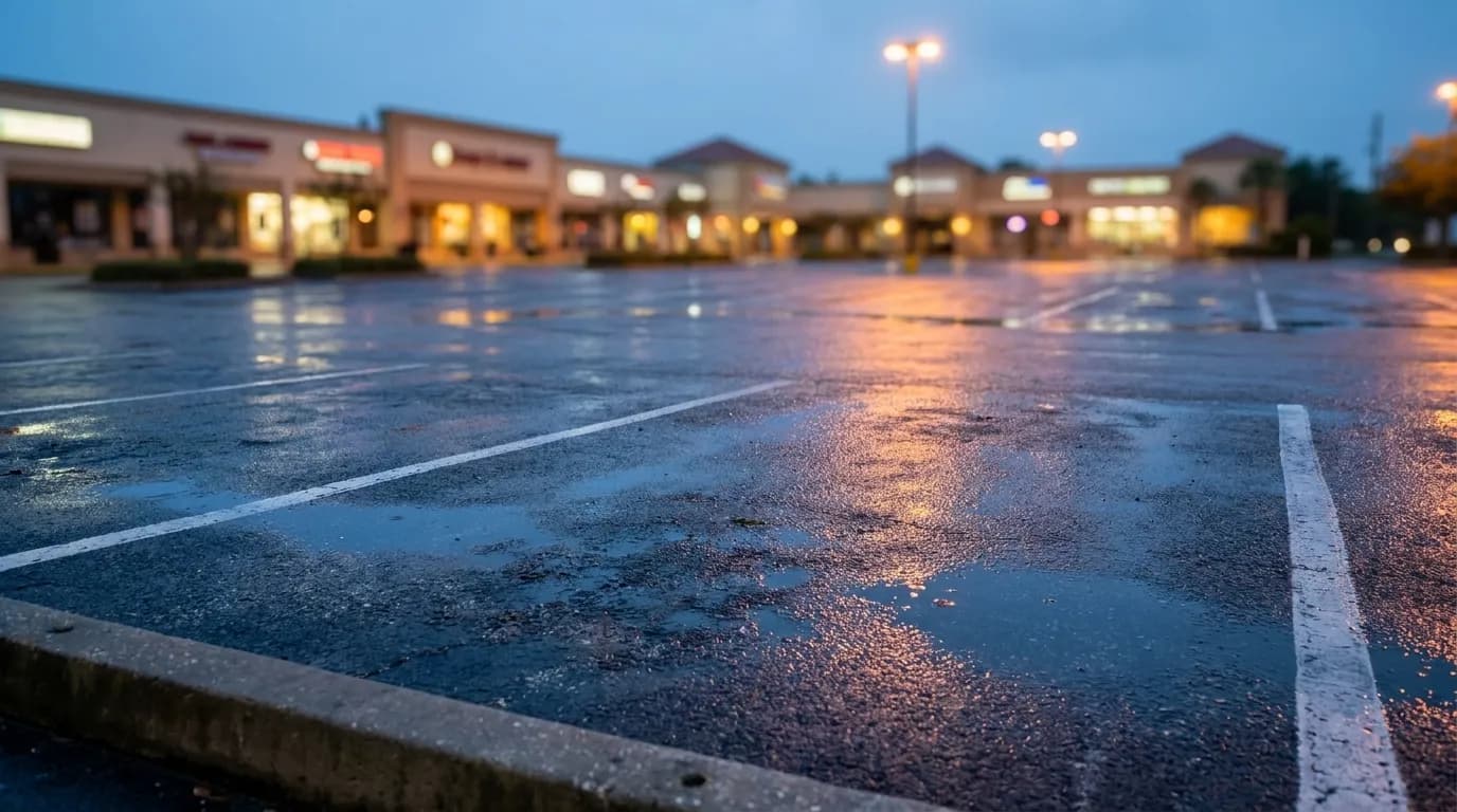 Miami strip mall parking lot at dusk with wet pavement after rain