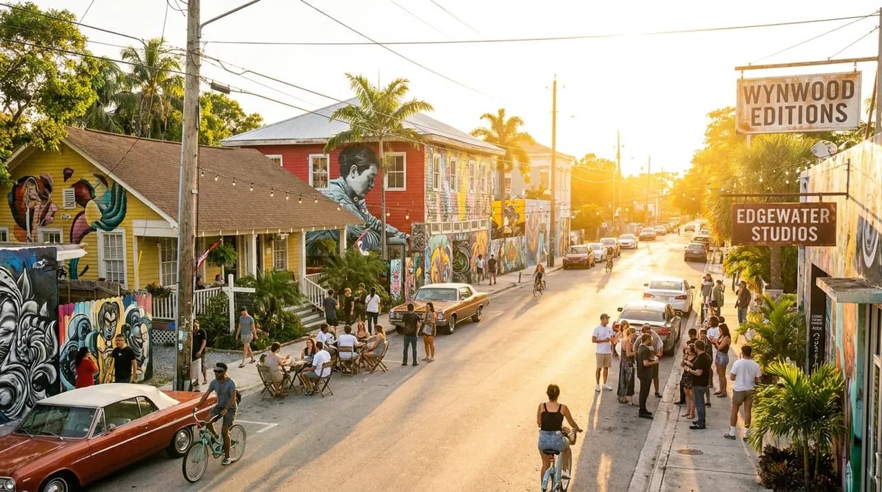 Golden hour light casting long shadows across Wynwood's colorful street art murals with palm trees silhouetted against an orange sky