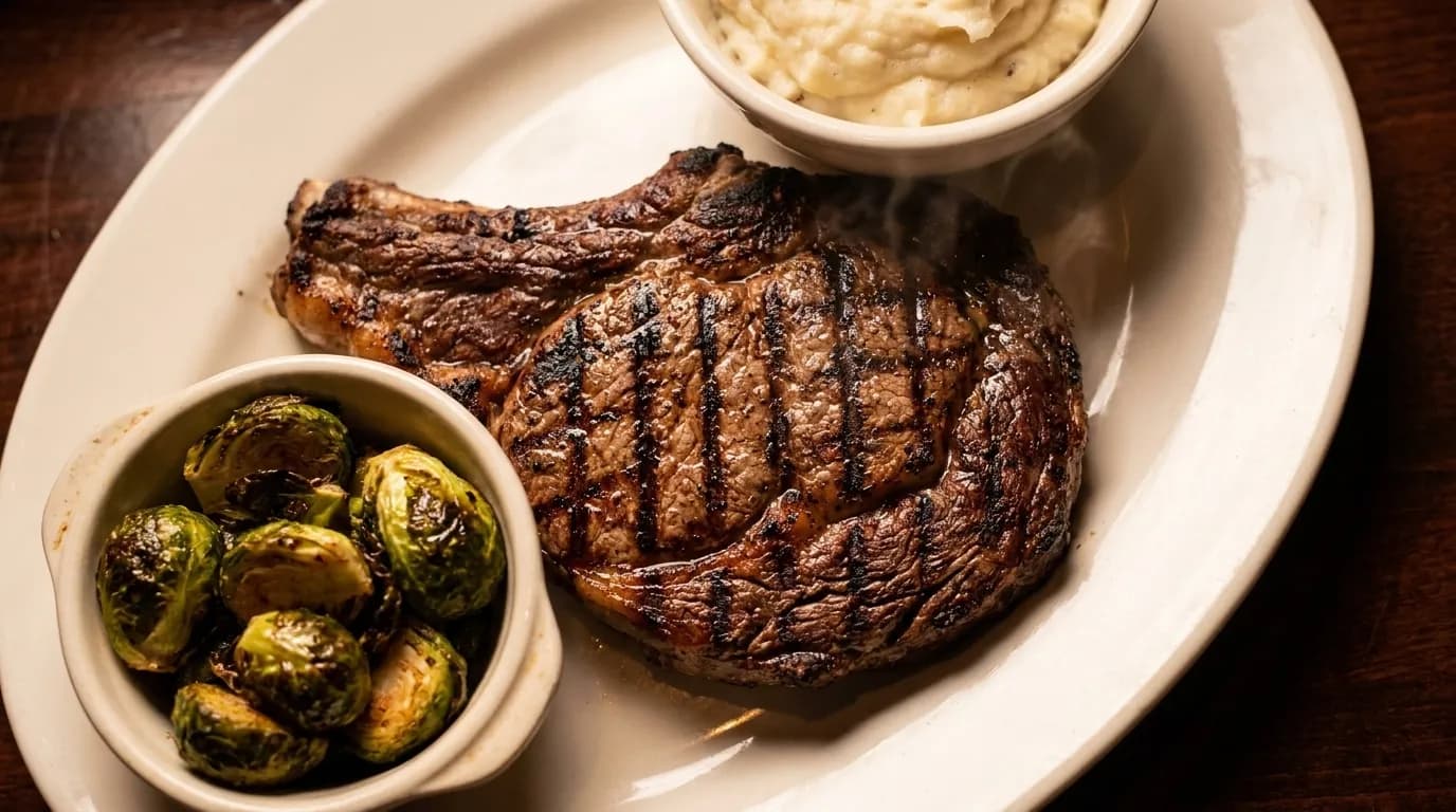 Grilled ribeye steak with Brussels sprouts and mashed potatoes on a white plate in warm restaurant lighting