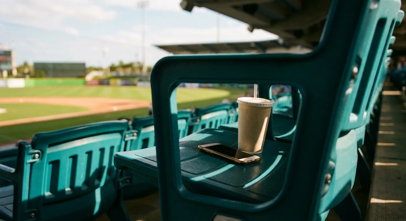 A close view along a row of teal stadium seats in a Miami ballpark before a game, a soda cup and a face-down phone on one seat with the green infield out of focus beyond
