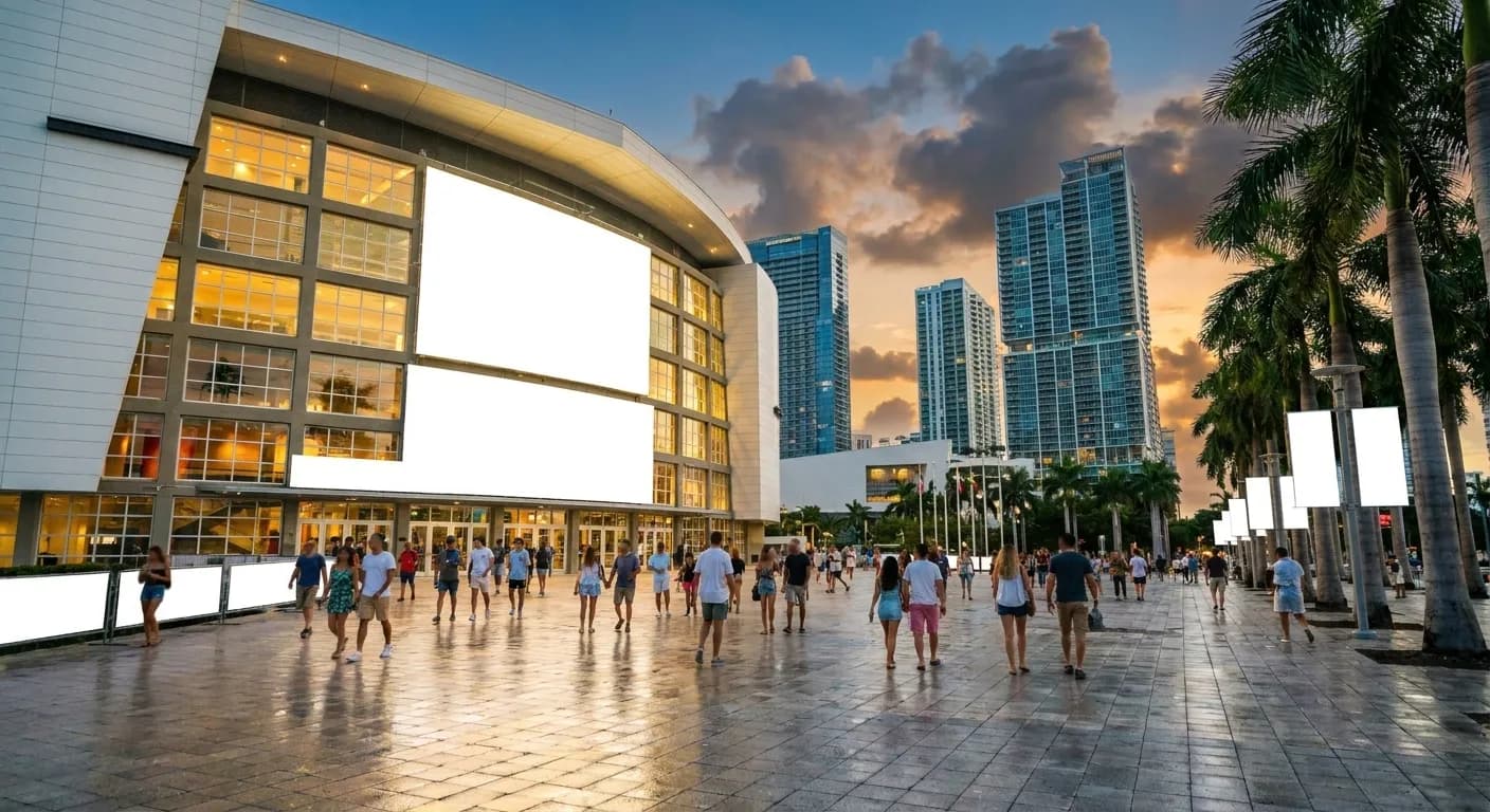A large waterfront arena in downtown Miami at dusk with people crossing an open plaza toward the lit entrance