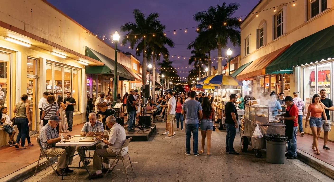 A Little Havana street filling with people on a monthly cultural night, string lights overhead and a band on the pavement
