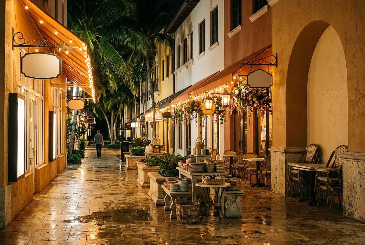 Night view of a Coral Gables street facade with warm cafe light spilling onto the sidewalk near Giralda Avenue.