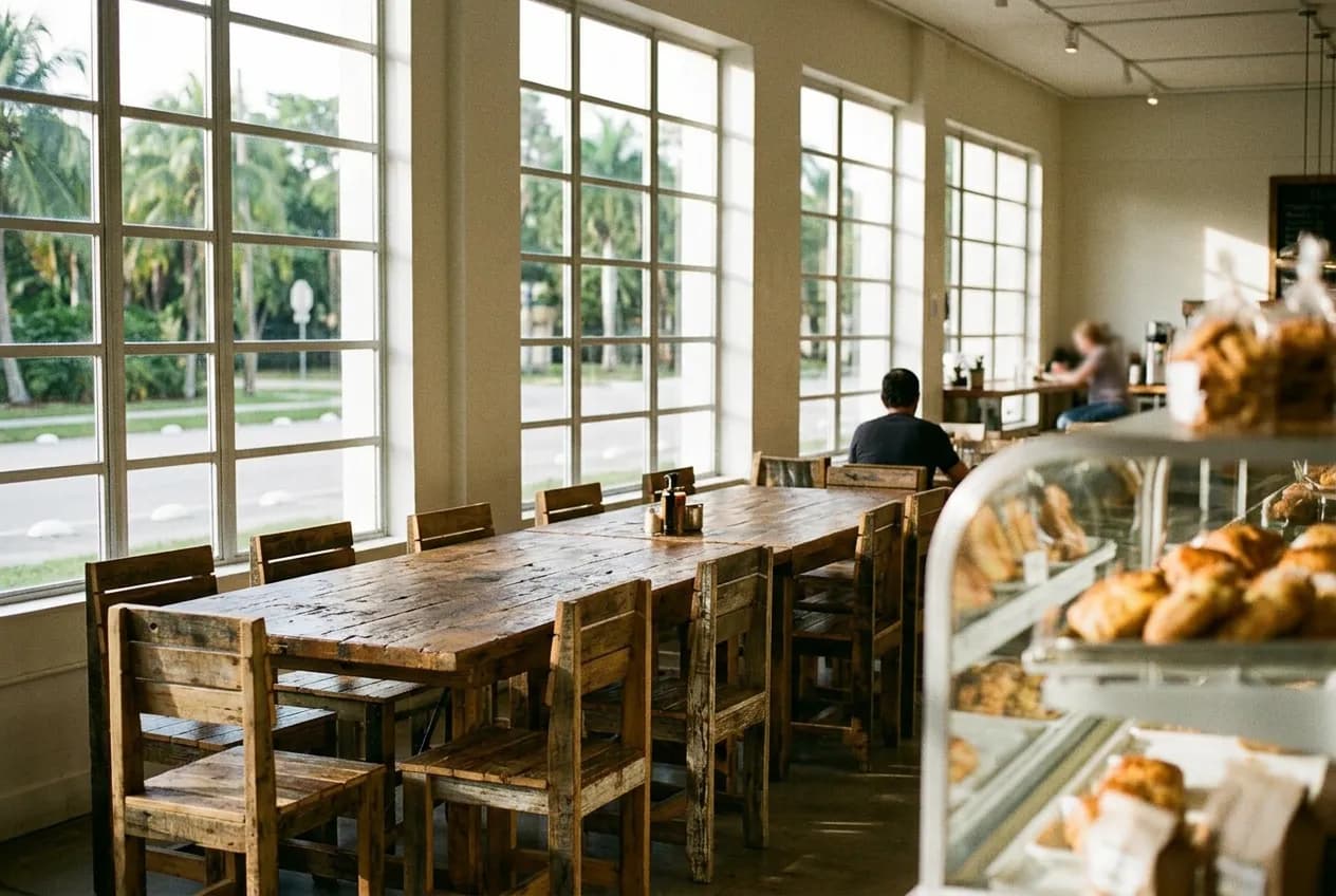 Close view of a communal wooden table and pastry case inside a bright neighborhood cafe.