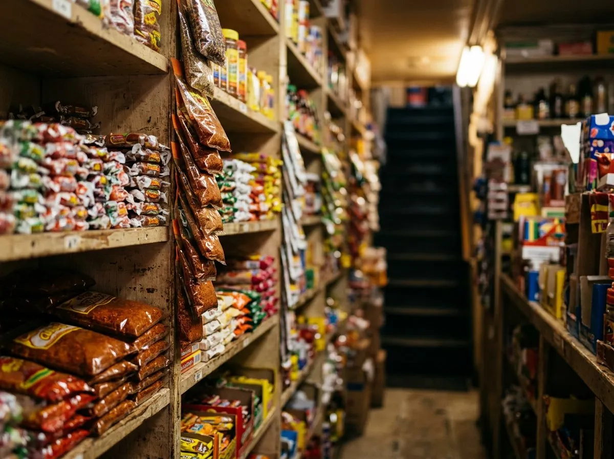 Close-up of a Mexican candy shop shelf with a staircase visible in the background