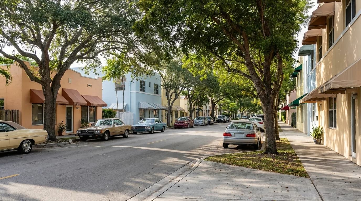 Tree-lined residential street in Buena Vista with parked cars and afternoon shadows