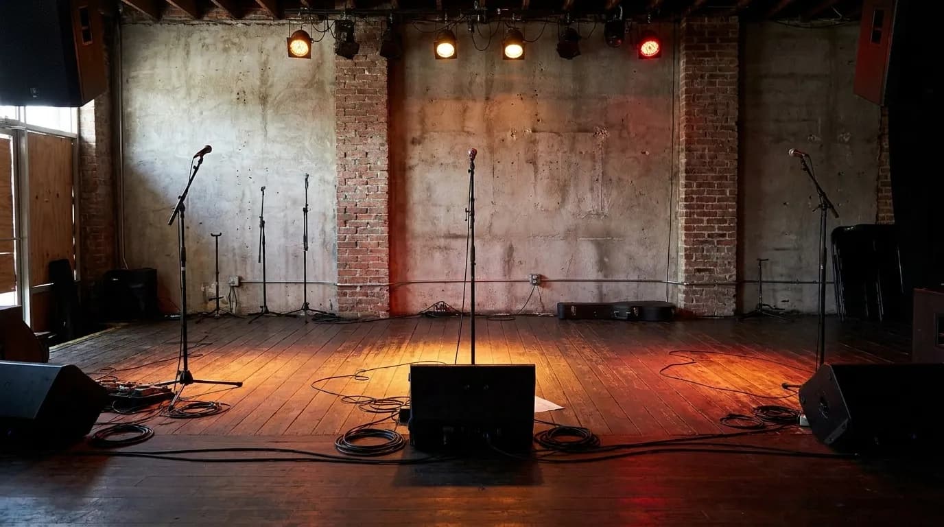 Empty stage at a small Miami music venue with microphones and warm stage lighting