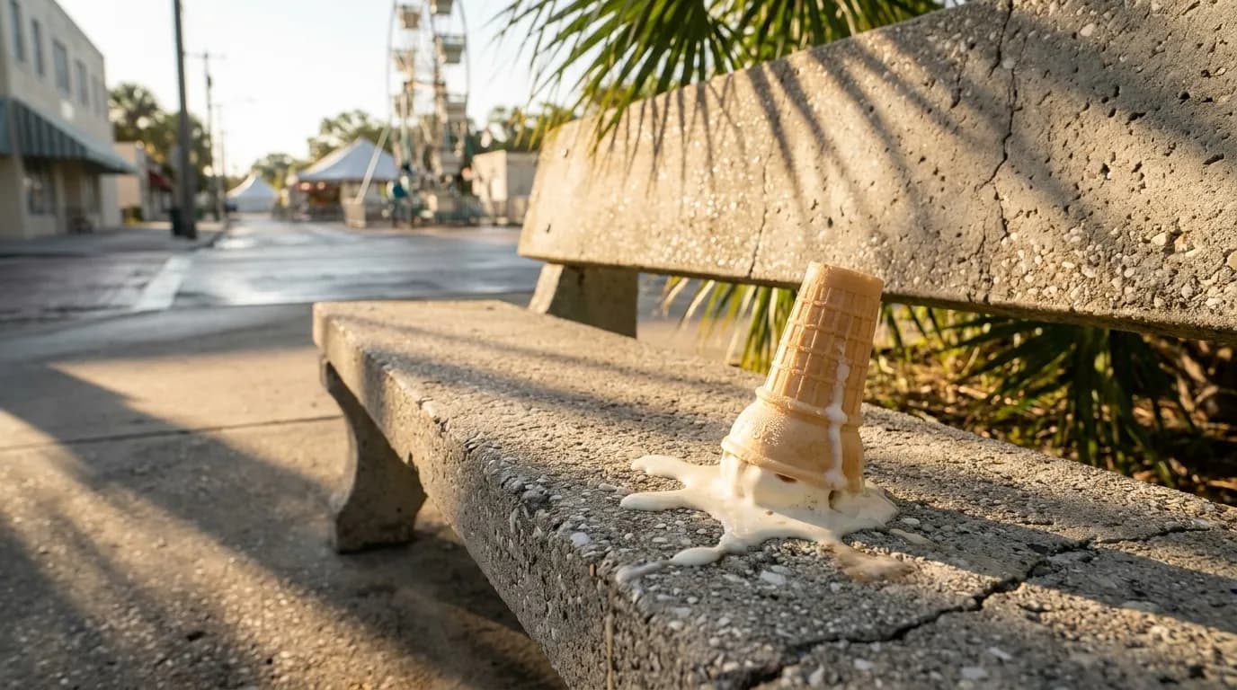 Ice cream cone on a bench at Bayfront Park in Downtown Miami with palm trees in the background during golden hour