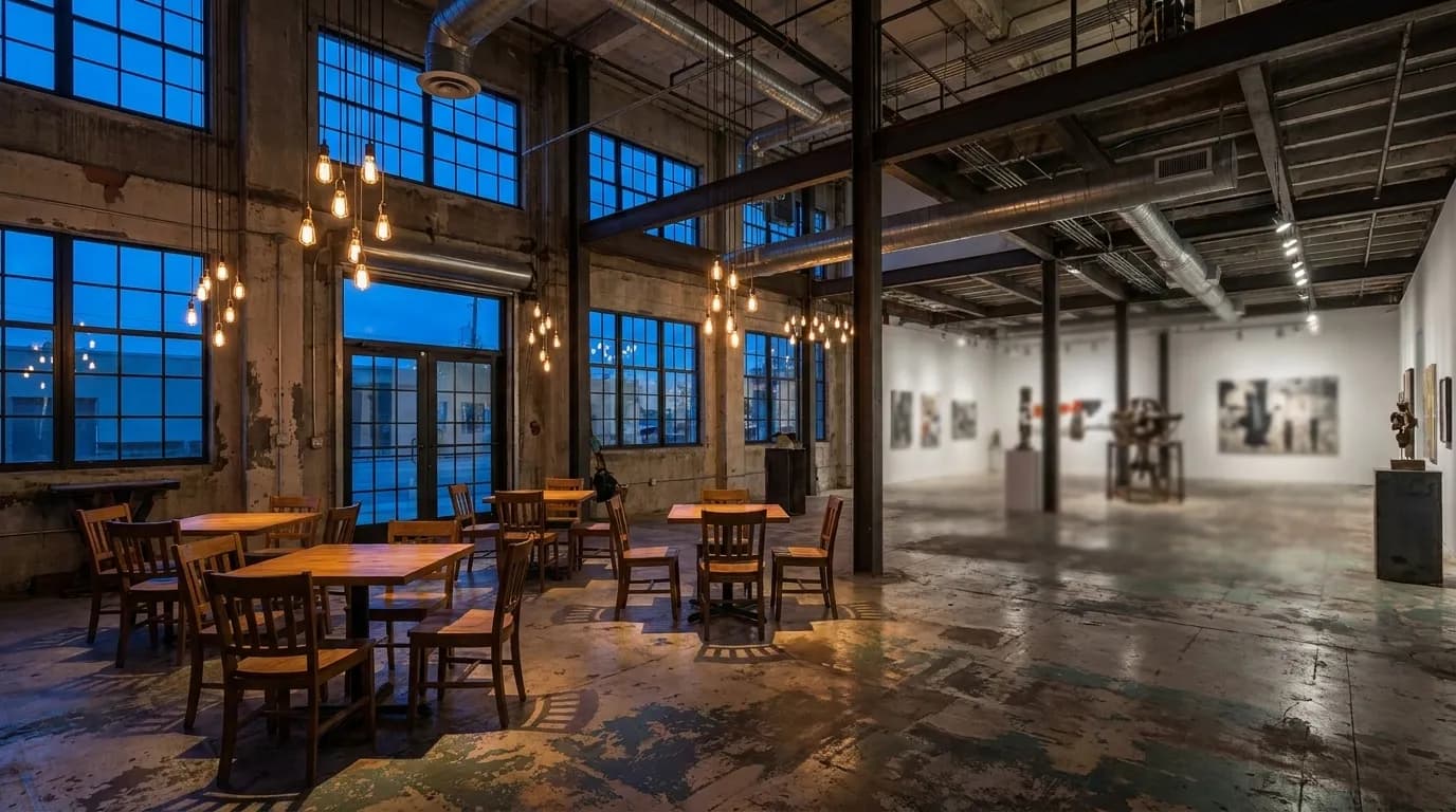 Interior of a converted warehouse space in Wynwood Miami showing industrial architecture and cafe seating at dusk