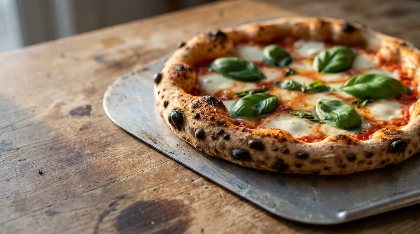 Neapolitan margherita pizza with charred crust and fresh basil on a metal peel