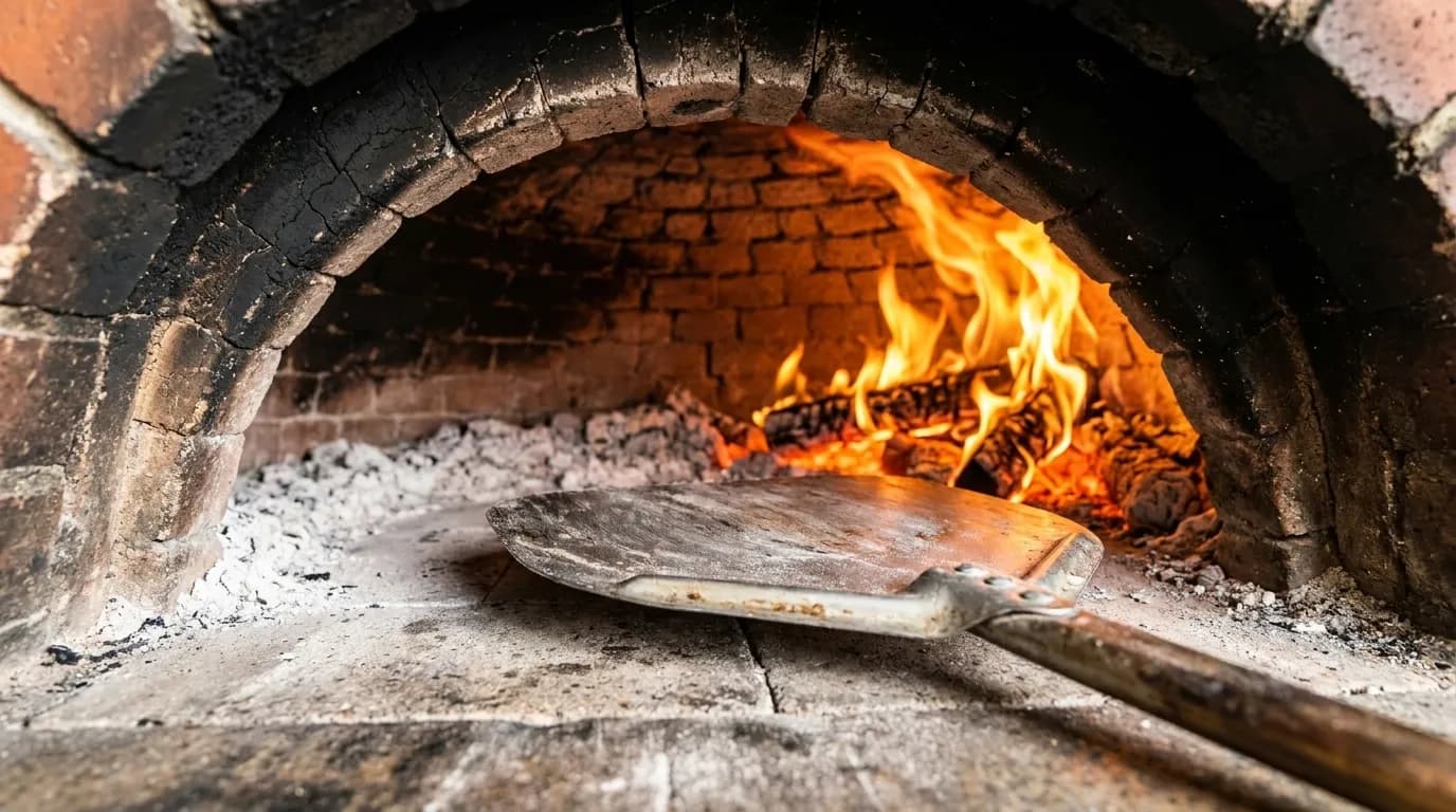 Interior of wood-fired pizza oven with flame and blackened brick dome