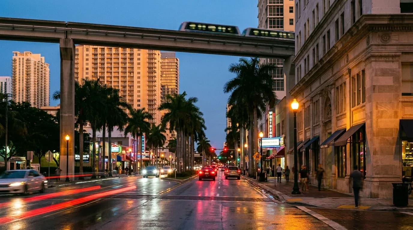 Biscayne Boulevard in downtown Miami at dusk with traffic, palm trees, and hotel towers