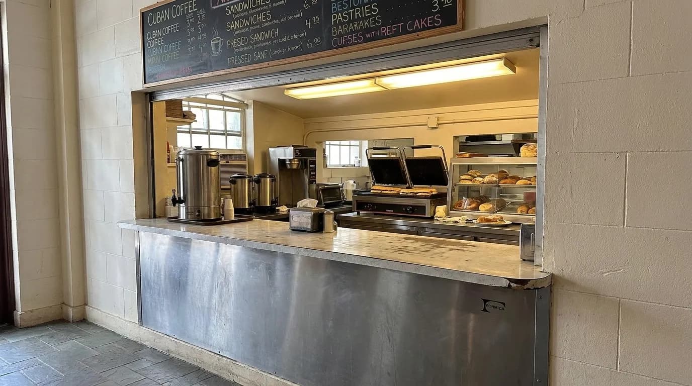 Walk-up window counter at a Cuban cafeteria in downtown Miami with menu board and service area