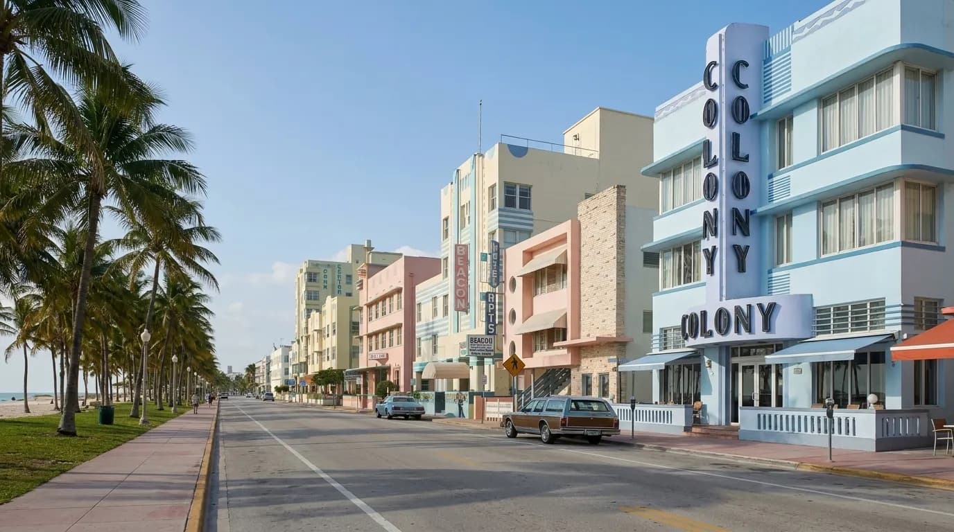 Ocean Drive in South Beach showing art deco hotel facades and Lummus Park palm trees under morning light