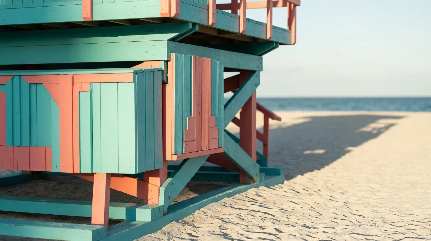 Colorful art deco lifeguard stand on the sand at Lummus Park with ocean in the background