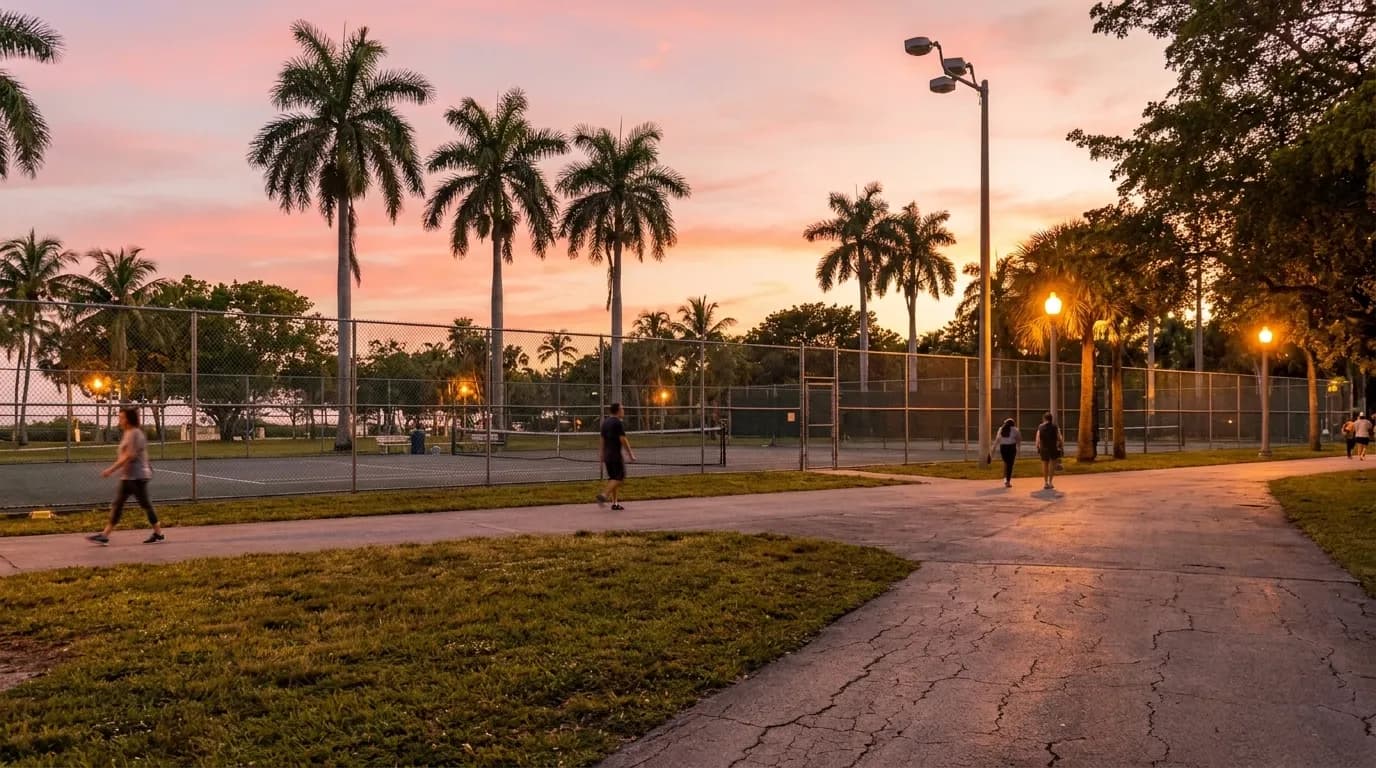 Flamingo Park at dusk with palm trees and tennis courts under a pink and orange Miami sky