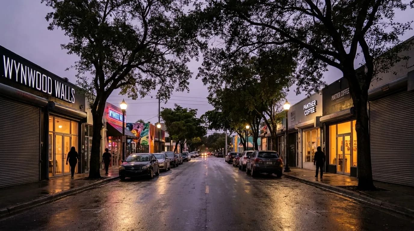 Northwest Second Avenue in Wynwood at dusk with streetlights, storefronts, and wet pavement after rain