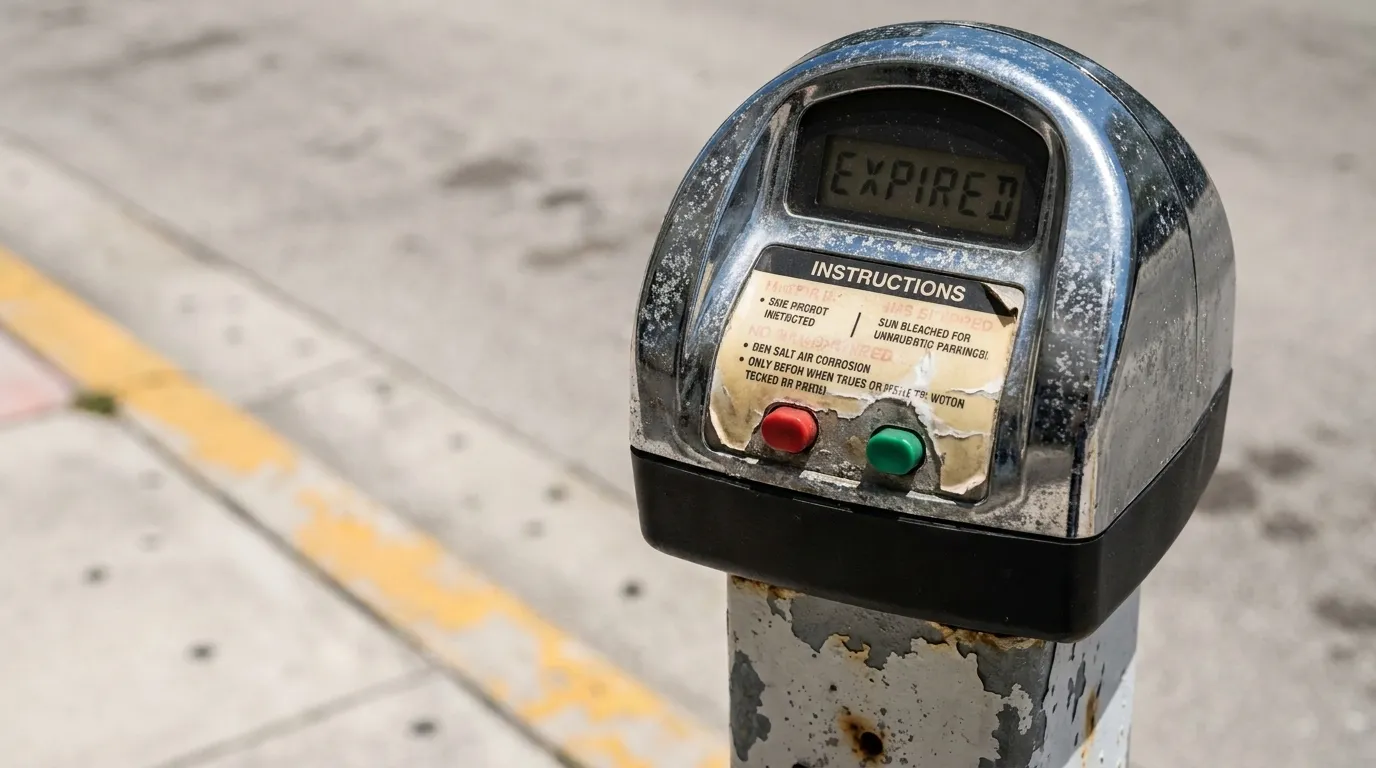 Close-up of weathered Miami parking meter in midday sun showing worn buttons and digital display
