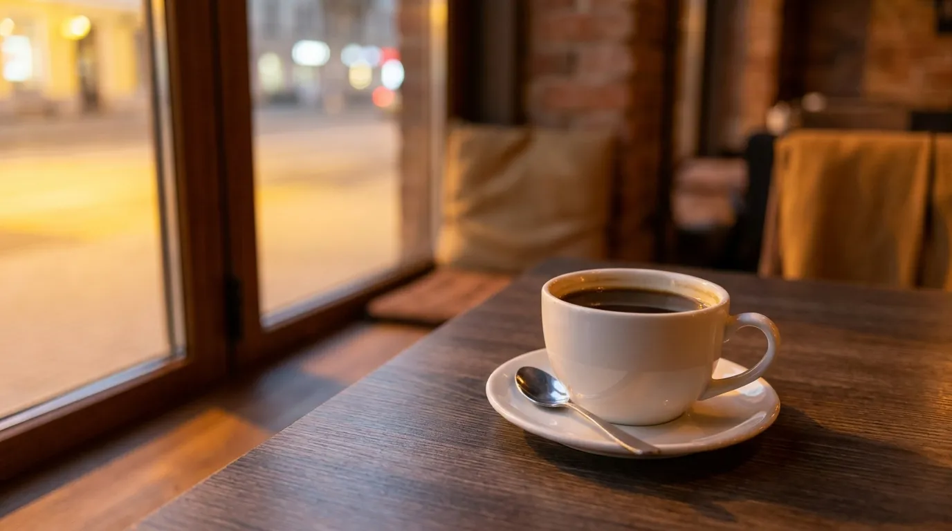 A cup of Cuban coffee on a wooden table in a Miami restaurant at night