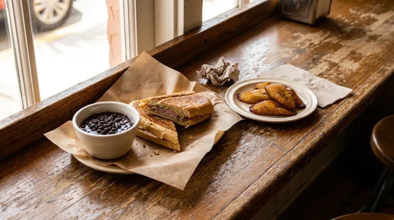 Pressed Cuban sandwich with black beans and plantains on a counter in Miami