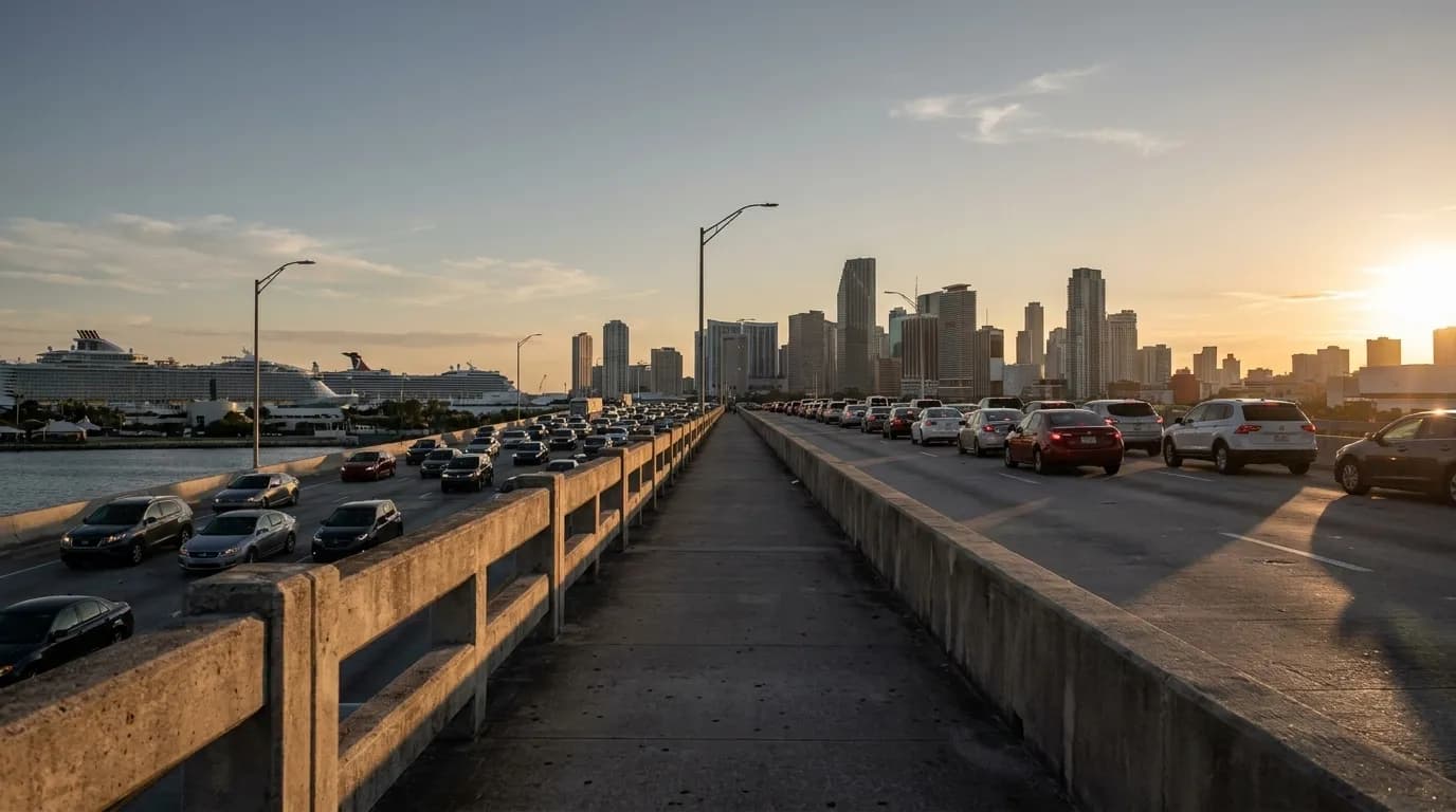Traffic on the MacArthur Causeway bridge connecting Miami Beach to Downtown Miami in late afternoon